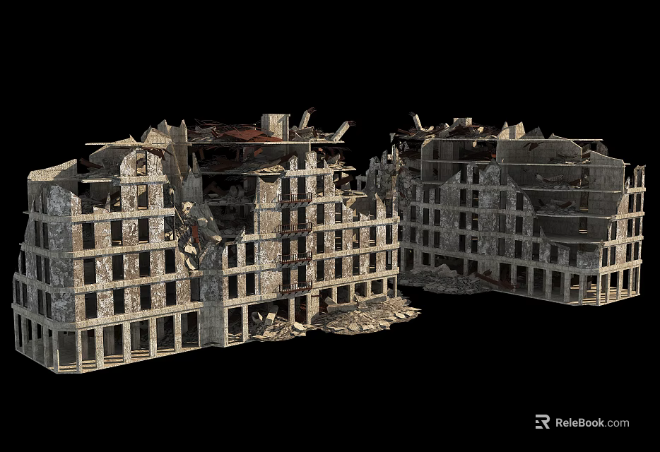 Damaged Building Components in Collapsed Multi Storey Ruins with Broken Window Frames and Exposed Floors 3d model 