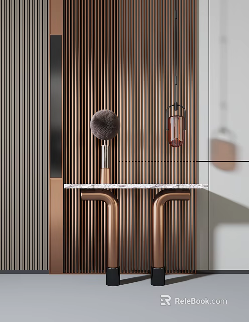 Modern Console Table With Marble Top Brass Frame And Vertical Striped Backdrop Decorative Ornaments 3d model