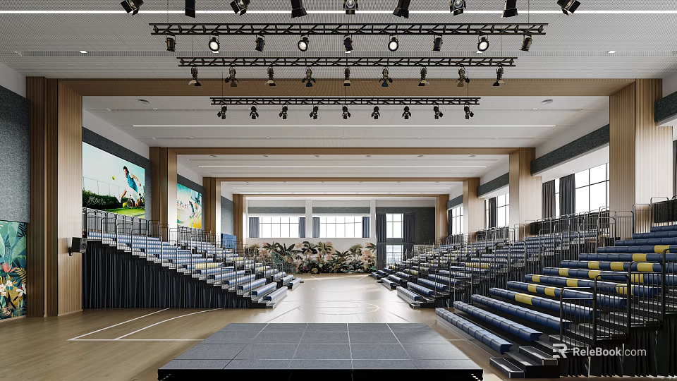 Spacious Basketball Gymnasium Interior With Stands Stage Lighting And Screens 3d model 