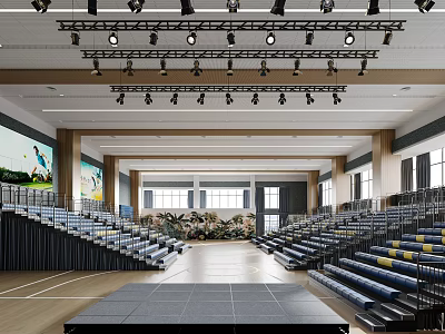 Spacious Basketball Gymnasium Interior With Stands Stage Lighting And Screens 3d model