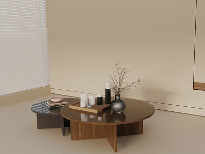 Modern Living Room Sofa and Coffee Table Set with Wooden Tables Vase and Decorative Candles 3d model
