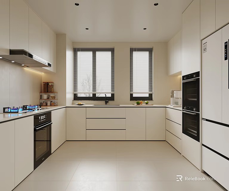 Modern Kitchen Interior With White Cabinets Two Windows Blinds And Appliances 3d model