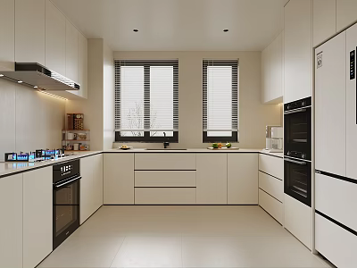 Modern Kitchen Interior With White Cabinets Two Windows Blinds And Appliances 3d model