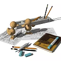 Wooden Duck Figurines With Notebook Pencils And Sketch Papers On Table