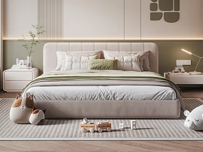 Modern Cozy Kids Bed With Upholstered Headboard Pillows Striped Blanket And Toys On Carpet 3d model
