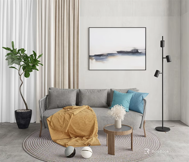 Multi Seater Sofa With Gray Blue Pillows Yellow Blanket Abstract Art Green Plant And Lamp 3d model 