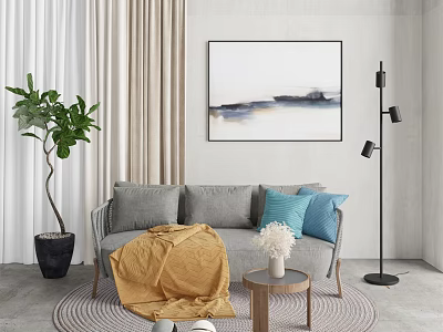 Multi Seater Sofa With Gray Blue Pillows Yellow Blanket Abstract Art Green Plant And Lamp 3d model