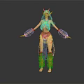 3D Mythical Elf Character With Horned Features And Blue Green Feather Outfit