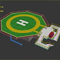 Octagonal Helicopter Landing Pad Featuring Green Surface Yellow Circle White H Sign And Red Vehicle