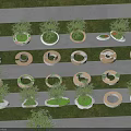 Various Circular Tree Planters With Trees On Grass Lawn And Pathway 3d model