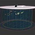 Vibrant Cartoon Scene with Transparent Round Aquarium Blue Water Small Fish White Animal and Penguin
