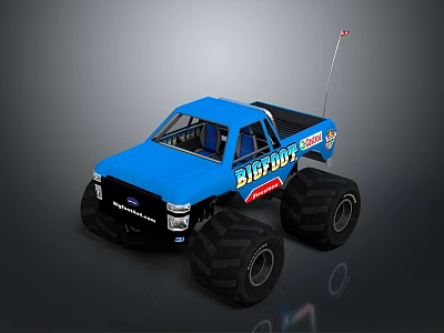 Challenging Off Road Terrain for Bigfoot Monster Truck with Large Tires Blue Body and Antenna 3d model