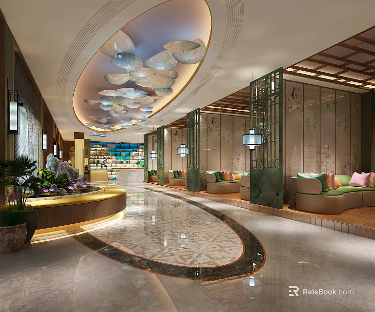 Luxurious Hotel Lobby Interior With Cloud Shaped Chandelier Seating Marble Flooring And Decorative Screens 3d model 