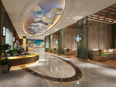 Luxurious Hotel Lobby Interior With Cloud Shaped Chandelier Seating Marble Flooring And Decorative Screens 3d model