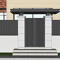 Modern Black Gate With White Pillars Front Steps And Green Shrubs Near Brick Wall