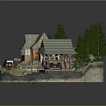 Cartoon Rural Scene with Wooden Cabin Stream Watermill Red Car and Pine Trees