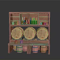 Wooden Wine Rack Furniture With Barrels Shelves And Bottles