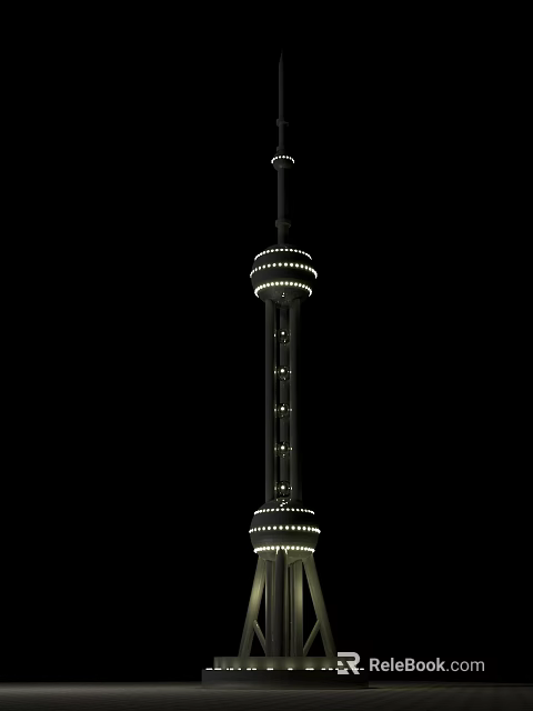 Tall Illuminated Modern Tower With Circular Tiers And Night View Architectural Design 3d model 