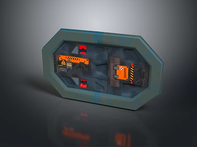 3D Sci-fi Gate with Blue Frame Orange Equipment and Warning Signs 3d model