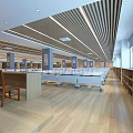Spacious Modern Conference Room Interior With Wooden Flooring Gray Sofas Coffee Tables And Linear Ceiling Lights