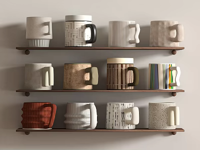 Ceramic Mugs With Various Designs Colors And Textures On Wooden Shelves Light Wall Background 3d model