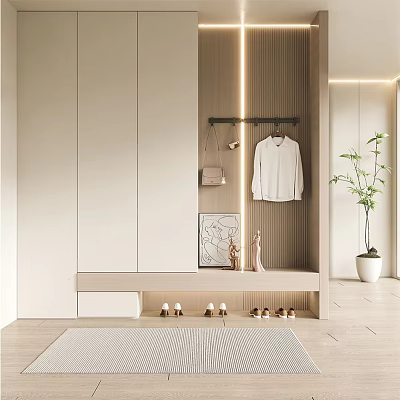 Modern Entryway Shoe Cabinet With Clothes Hanger White Top Bag Shoes And Decorative Plant 3d model