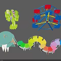 Kids Playground Equipment With Green Seat Blue Ferris Wheel Round Table And Colorful Wavy Seats