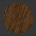 Round Wooden Table With Purple Surface And Three Metal Legs Design