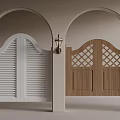 Arched Doorways With White Louvered And Wooden Lattice Doors And Wall Lantern