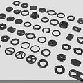 Industrial Equipment Parts Various Black Components Including Gears Washers Bearings And Connectors On White Background