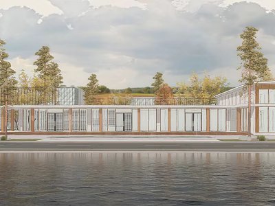 Modern Waterfront Building With Glass Facade Wooden Elements Trees And Cloudy Sky 3d model