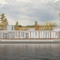 Modern Waterfront Building With Glass Facade Wooden Elements Trees And Cloudy Sky