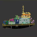 Blue White Workboat With Orange Equipment Letter P On Hull Deck Cabin Mechanical Devices