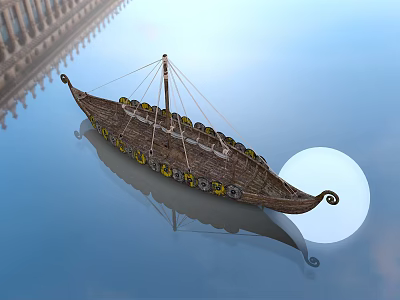 Ancient Style Decorated Boat Floating On Calm Water With Background Architecture And Moon 3d model
