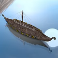 Ancient Style Decorated Boat Floating On Calm Water With Background Architecture And Moon