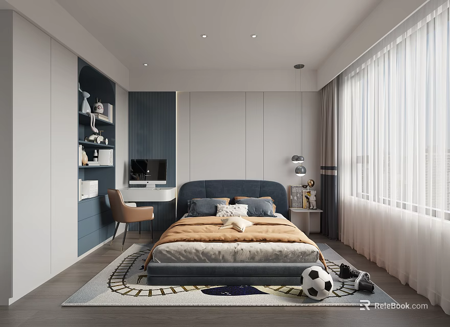 Modern Kids Room With Blue Bed Desk Chair Football Rug And Window Curtains 3d model 