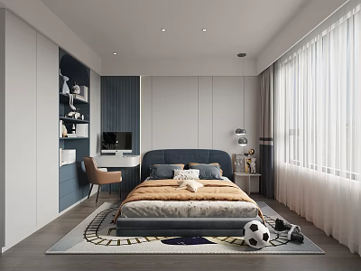 Modern Kids Room With Blue Bed Desk Chair Football Rug And Window Curtains 3d model