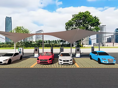 Modern Urban Electric Vehicle Charging Station With Multiple Cars Charging Under Canopy 3d model