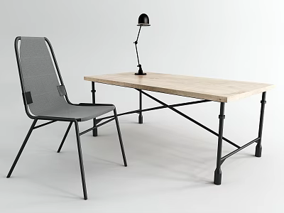 Wooden Top Desk With Black Metal Frame Gray Chair And Black Lamp 3d model