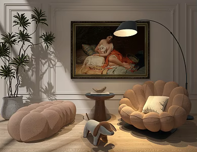 Fabric Sofa Oil Painting Floor Lamp Indoor Green Plant 3d model