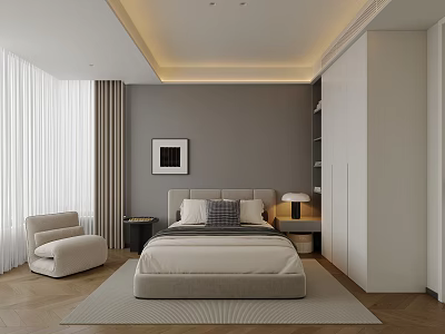 Modern Minimalist Bedroom With Bed Pillows Nightstand Table Lamp Armchair And Wooden Floor 3d model
