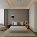 Modern Minimalist Bedroom With Bed Pillows Nightstand Table Lamp Armchair And Wooden Floor