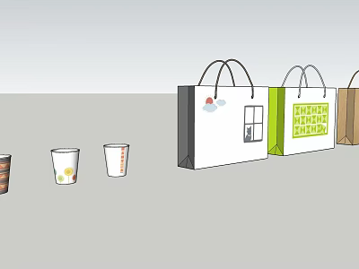 Various Designed Cups With Colorful Patterns Alongside Shopping Bags 3d model
