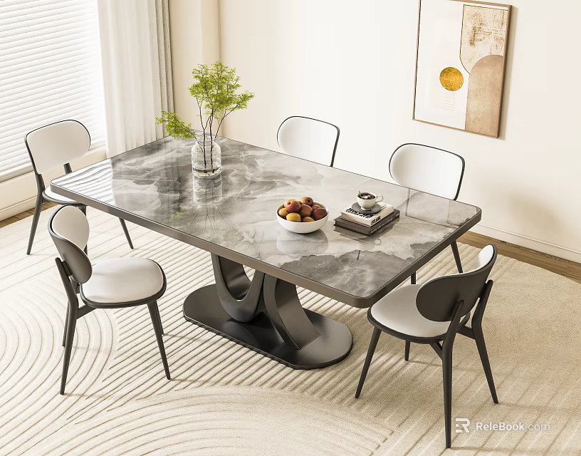 Elegant Modern Dining Table Set with Marble Top Four Chairs Vase Fruit Bowl and Greenery 3d model 