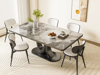 Elegant Modern Dining Table Set with Marble Top Four Chairs Vase Fruit Bowl and Greenery 3d model