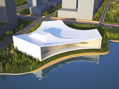 Aerial Planning of Modern Waterfront Architectural Structure with Surrounding Greenery Roads and Urban Buildings 3d model