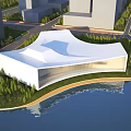Aerial Planning of Modern Waterfront Architectural Structure with Surrounding Greenery Roads and Urban Buildings