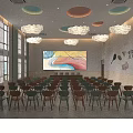 Spacious Kids Classroom Interior With Colorful Circular Cloud Pendant Lights Large Mural And Fruit Decor