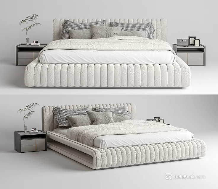 Elegant Modern Upholstered Double Bed With Tufted Headboard Decorative Pillows And Nightstands 3d model 