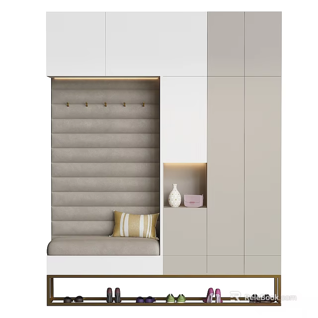 Modern Entryway Hallway Design With Upholstered Bench Wall Hooks Cabinet Lighting And Decorative Vase 3d model 
